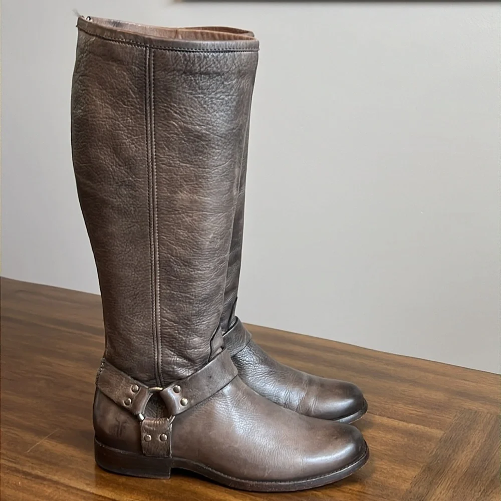 Frye Phillip Harness Tall Leather Riding Boots Gray 3476849 Womens Size 8.5 B - Picture 2 of 16
